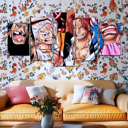 One Piece Canvas Wall Art - Luffy Gear 5, Shanks, Buggy & Teach 5 Piece Split Pa