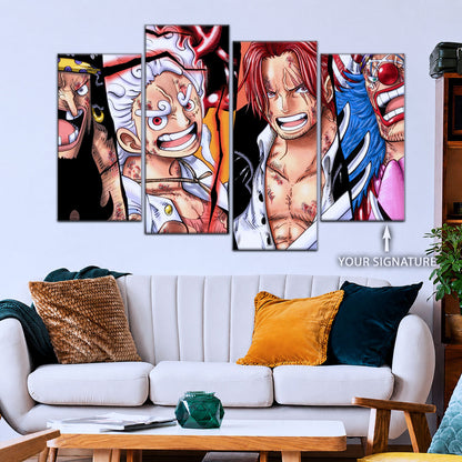 One Piece Canvas Wall Art - Luffy Gear 5, Shanks, Buggy & Teach 5 Piece Split Pa