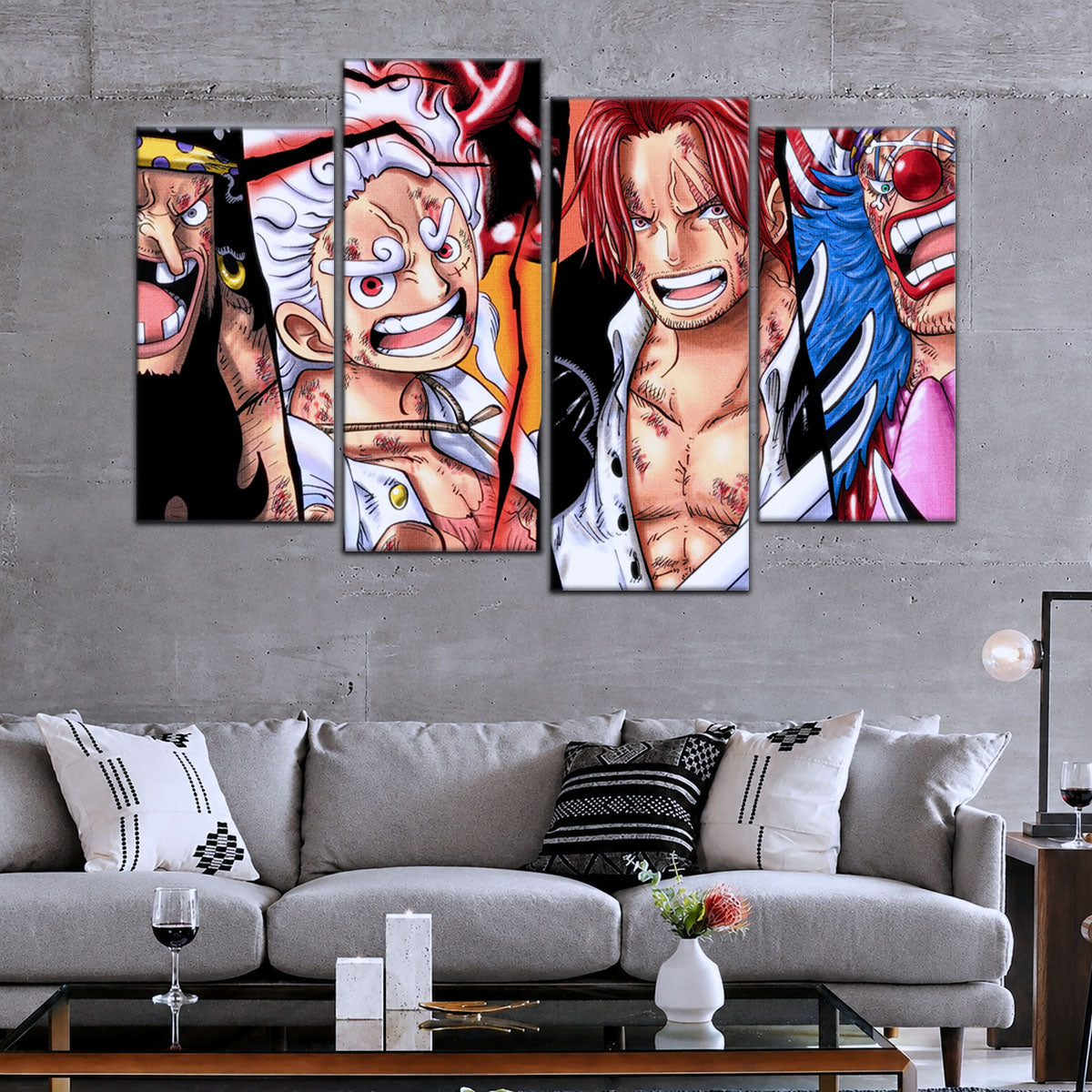 One Piece Canvas Wall Art - Luffy Gear 5, Shanks, Buggy & Teach 5 Piece Split Pa