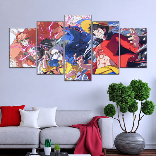 One Piece Canvas Wall Art - Luffy, Law & Kid 5 Piece Split Panel Anime Poster - Framed Ready to Hang Living Room & Man Cave Decor - OP5068