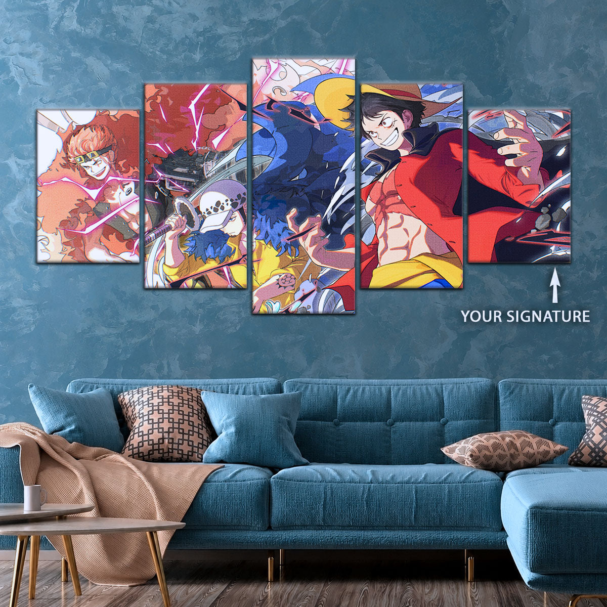 One Piece Canvas Wall Art - Luffy, Law & Kid 5 Piece Split Panel Anime Poster - Framed Ready to Hang Living Room & Man Cave Decor - OP5068