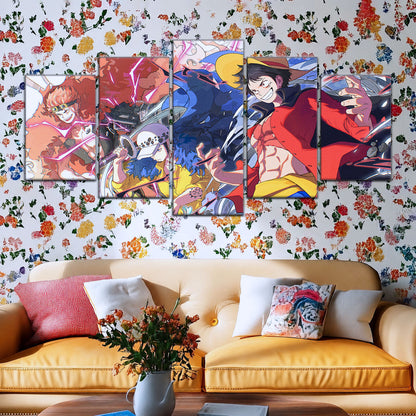 One Piece Canvas Wall Art - Luffy, Law & Kid 5 Piece Split Panel Anime Poster - Framed Ready to Hang Living Room & Man Cave Decor - OP5068