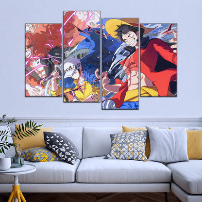 One Piece Canvas Wall Art - Luffy, Law & Kid 5 Piece Split Panel Anime Poster - Framed Ready to Hang Living Room & Man Cave Decor - OP5068