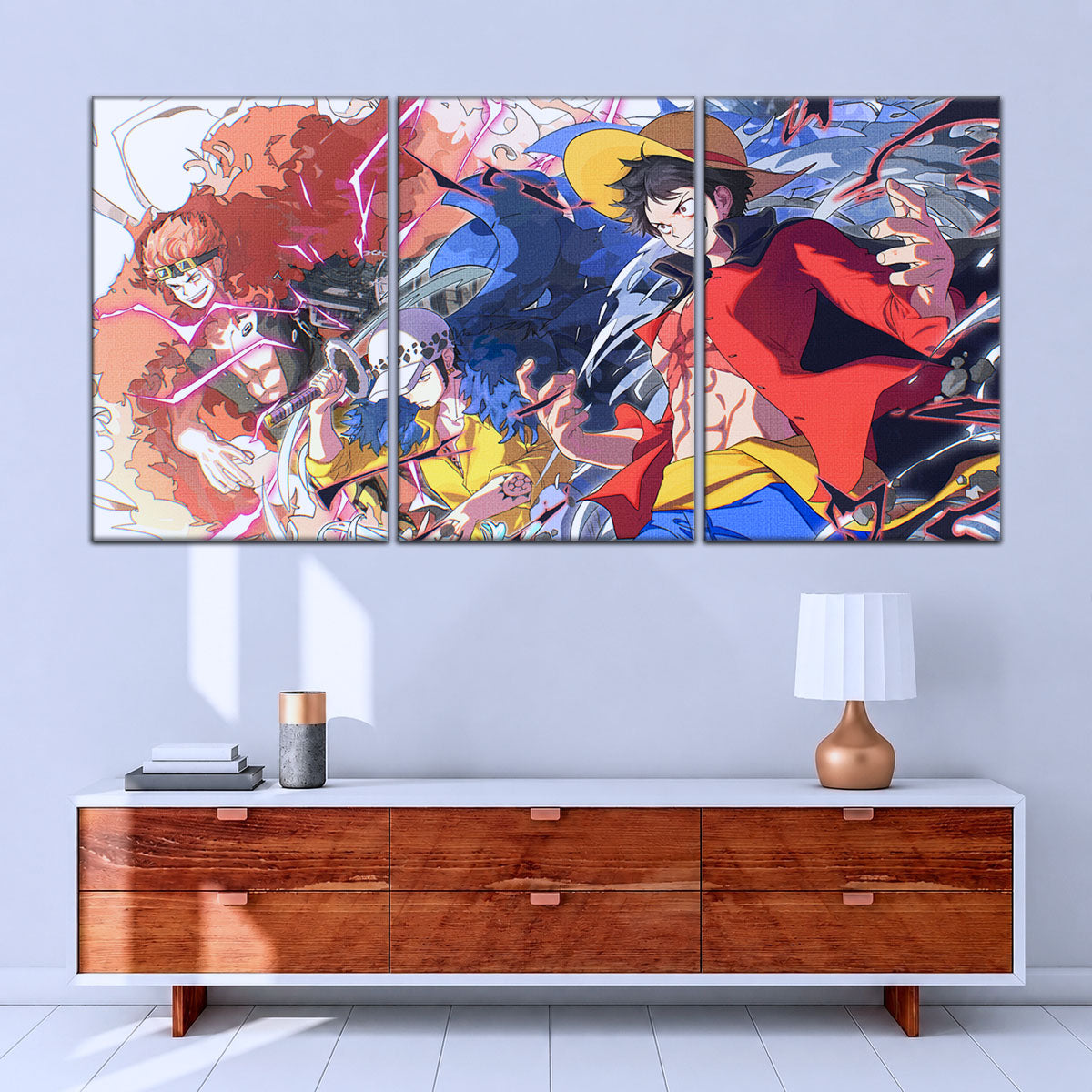 One Piece Canvas Wall Art - Luffy, Law & Kid 5 Piece Split Panel Anime Poster - Framed Ready to Hang Living Room & Man Cave Decor - OP5068