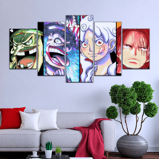 One Piece Canvas Wall Art - Luffy Gear 5, Buggy & Teach 5 Piece Split Panel Anime Poster - Framed Ready to Hang Living Room & Man Cave Decor - OP5069