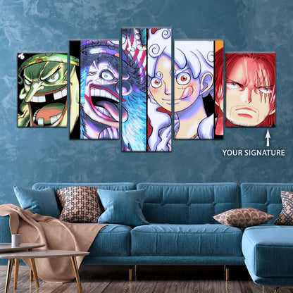 One Piece Canvas Wall Art - Luffy Gear 5, Buggy & Teach 5 Piece Split Panel Anime Poster - Framed Ready to Hang Living Room & Man Cave Decor - OP5069