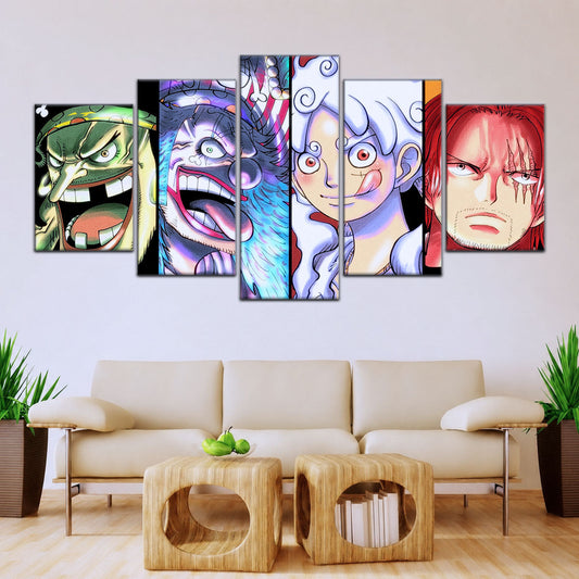 One Piece Canvas Wall Art - Luffy Gear 5, Buggy & Teach 5 Piece Split Panel Anime Poster - Framed Ready to Hang Living Room & Man Cave Decor - OP5069