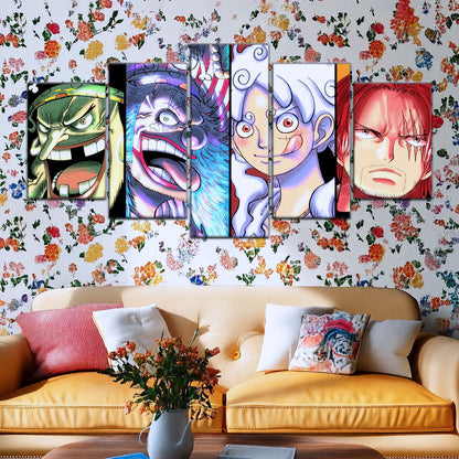 One Piece Canvas Wall Art - Luffy Gear 5, Buggy & Teach 5 Piece Split Panel Anime Poster - Framed Ready to Hang Living Room & Man Cave Decor - OP5069