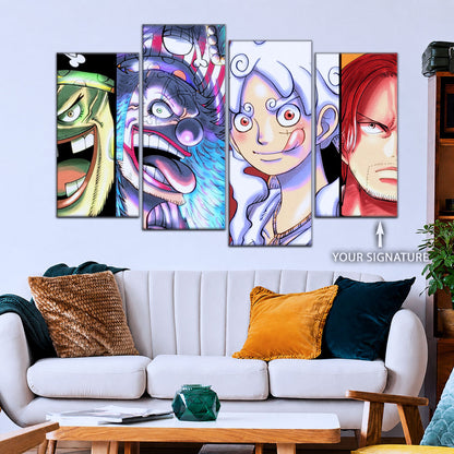 One Piece Canvas Wall Art - Luffy Gear 5, Buggy & Teach 5 Piece Split Panel Anime Poster - Framed Ready to Hang Living Room & Man Cave Decor - OP5069