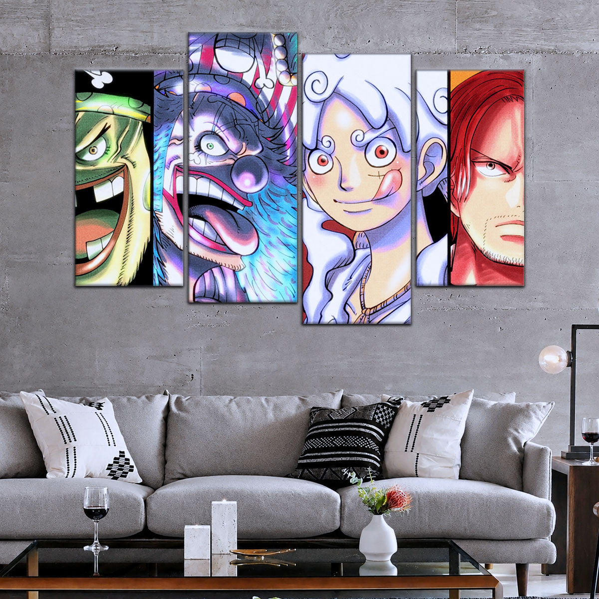 One Piece Canvas Wall Art - Luffy Gear 5, Buggy & Teach 5 Piece Split Panel Anime Poster - Framed Ready to Hang Living Room & Man Cave Decor - OP5069