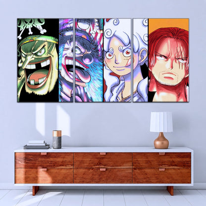 One Piece Canvas Wall Art - Luffy Gear 5, Buggy & Teach 5 Piece Split Panel Anime Poster - Framed Ready to Hang Living Room & Man Cave Decor - OP5069