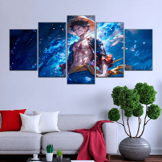 One Piece Canvas Wall Art - Monkey D. Luffy 5 Piece Split Panel Anime Poster - Framed Ready to Hang Living Room & Man Cave Decor - OP5071