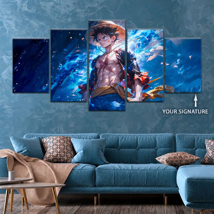 One Piece Canvas Wall Art - Monkey D. Luffy 5 Piece Split Panel Anime Poster - Framed Ready to Hang Living Room & Man Cave Decor - OP5071