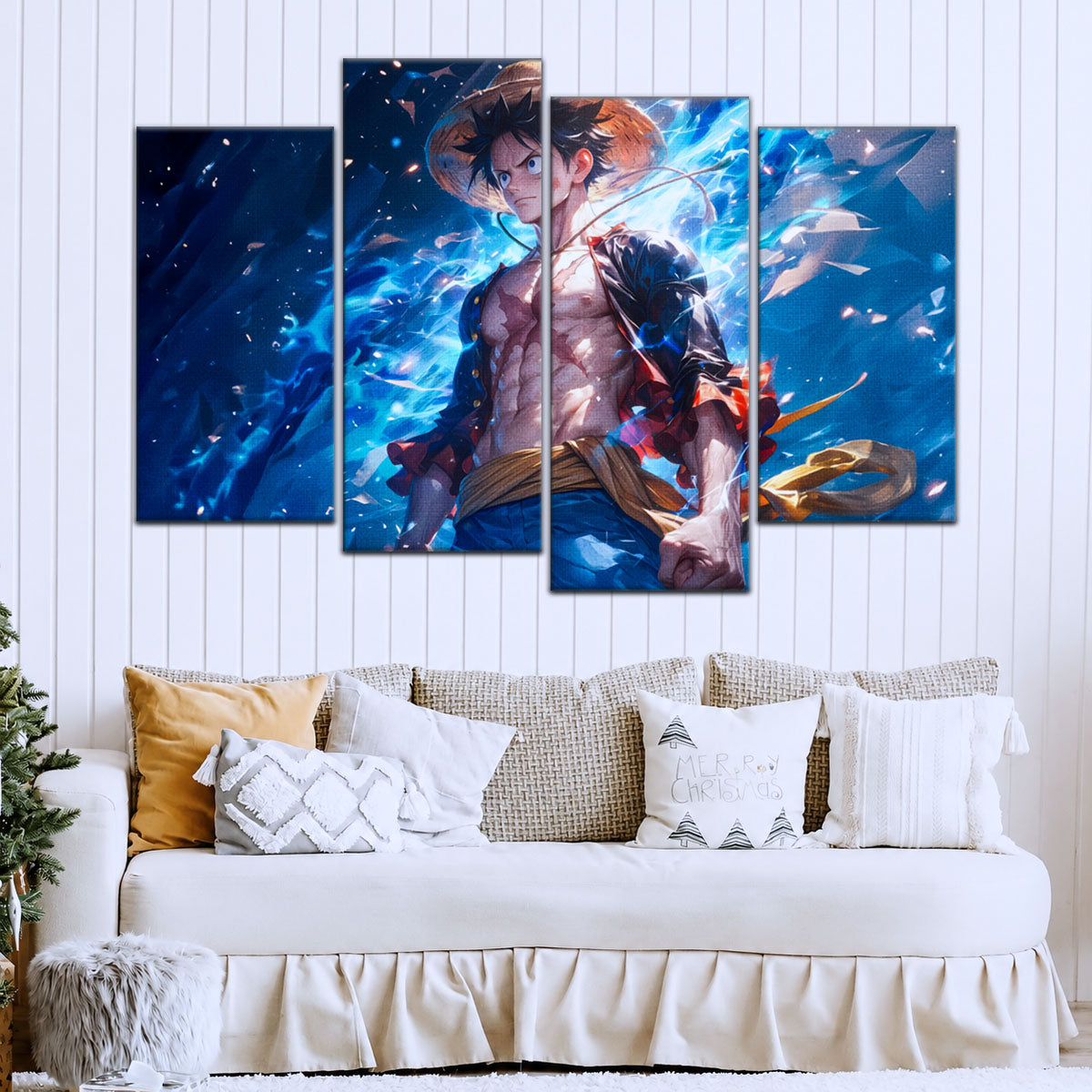 One Piece Canvas Wall Art - Monkey D. Luffy 5 Piece Split Panel Anime Poster - Framed Ready to Hang Living Room & Man Cave Decor - OP5071