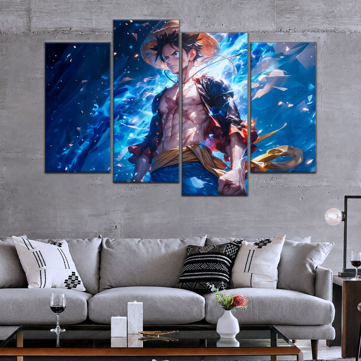 One Piece Canvas Wall Art - Monkey D. Luffy 5 Piece Split Panel Anime Poster - Framed Ready to Hang Living Room & Man Cave Decor - OP5071