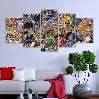One Piece Canvas Wall Art - Strong World Straw Hat Crew 5 Piece Split Panel Anime Poster - Framed Ready to Hang Living Room & Man Cave Decor - OP5072