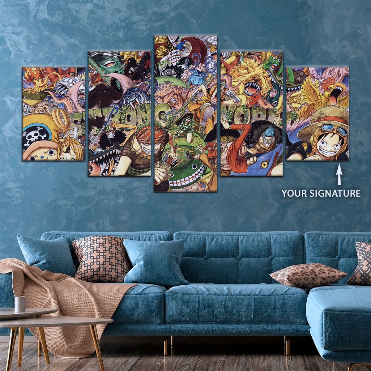 One Piece Canvas Wall Art - Strong World Straw Hat Crew 5 Piece Split Panel Anime Poster - Framed Ready to Hang Living Room & Man Cave Decor - OP5072