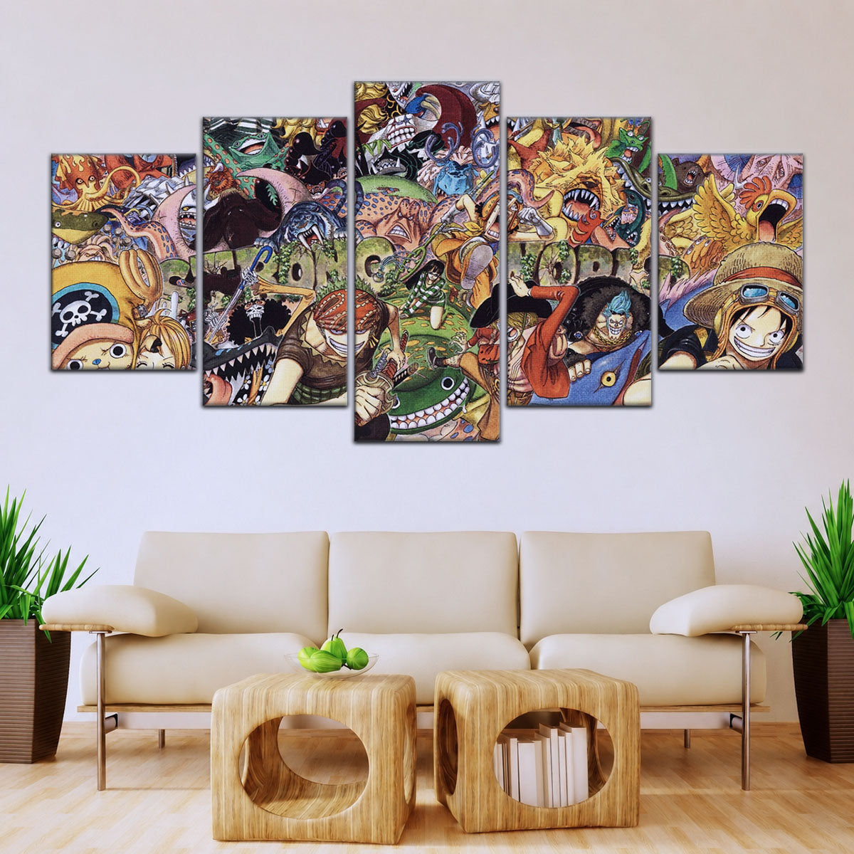 One Piece Canvas Wall Art - Strong World Straw Hat Crew 5 Piece Split Panel Anime Poster - Framed Ready to Hang Living Room & Man Cave Decor - OP5072