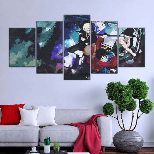 One Piece Canvas Wall Art - Monster Trio Luffy, Zoro & Sanji 5 Piece Split Panel Anime Poster - Framed Ready to Hang Living Room & Man Cave Decor - OP5074