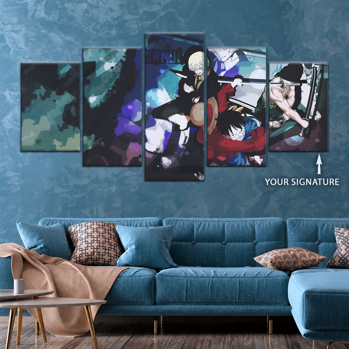 One Piece Canvas Wall Art - Monster Trio Luffy, Zoro & Sanji 5 Piece Split Panel Anime Poster - Framed Ready to Hang Living Room & Man Cave Decor - OP5074