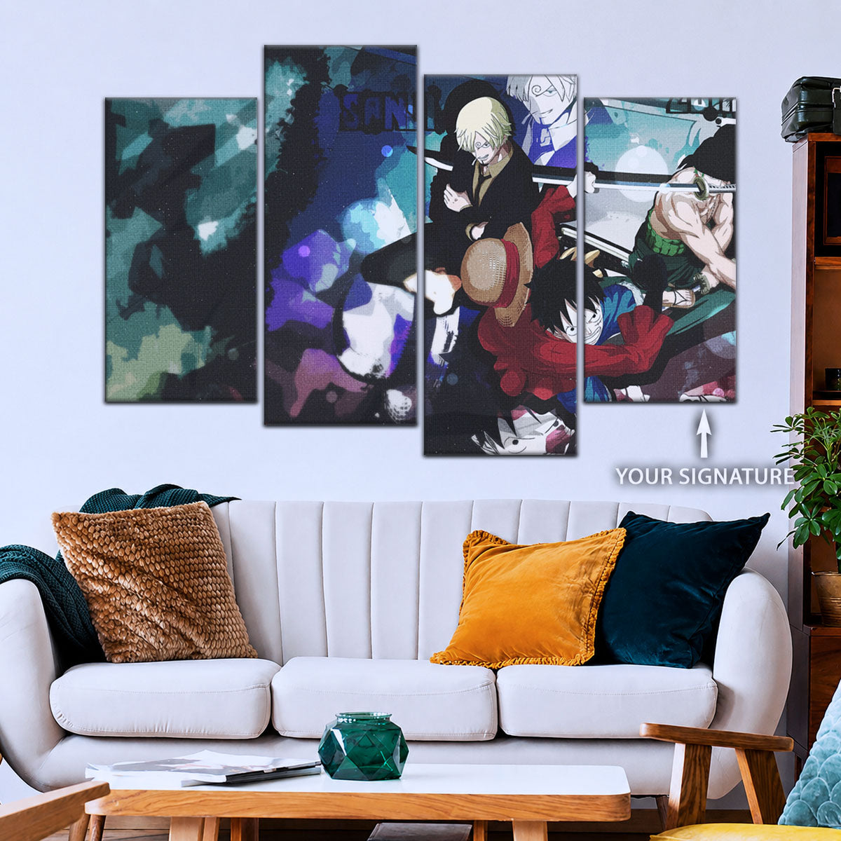 One Piece Canvas Wall Art - Monster Trio Luffy, Zoro & Sanji 5 Piece Split Panel Anime Poster - Framed Ready to Hang Living Room & Man Cave Decor - OP5074