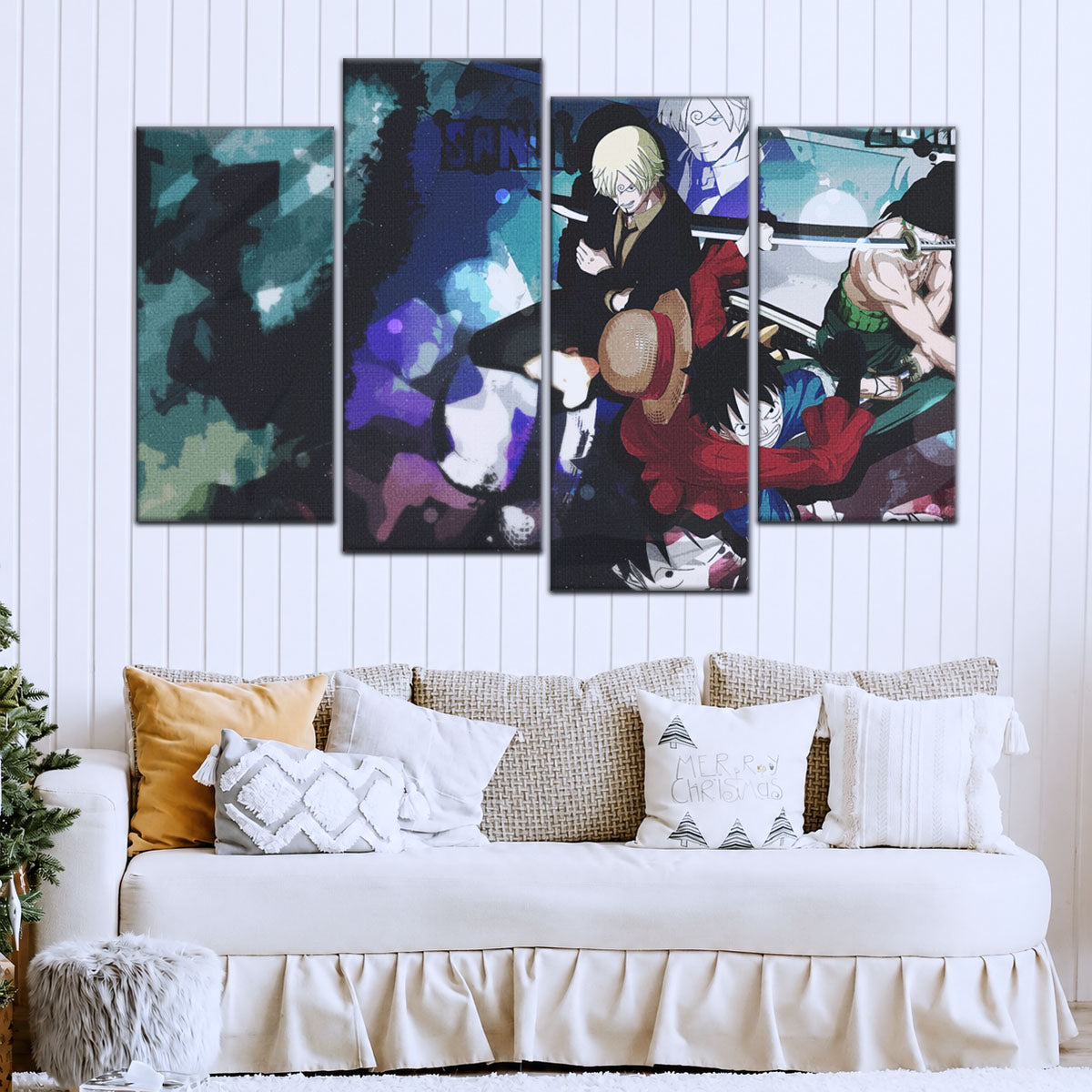 One Piece Canvas Wall Art - Monster Trio Luffy, Zoro & Sanji 5 Piece Split Panel Anime Poster - Framed Ready to Hang Living Room & Man Cave Decor - OP5074