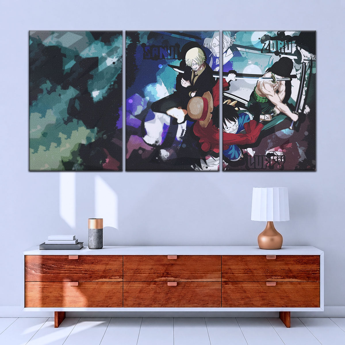One Piece Canvas Wall Art - Monster Trio Luffy, Zoro & Sanji 5 Piece Split Panel Anime Poster - Framed Ready to Hang Living Room & Man Cave Decor - OP5074