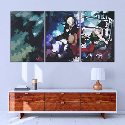 One Piece Canvas Wall Art - Monster Trio Luffy, Zoro & Sanji 5 Piece Split Panel Anime Poster - Framed Ready to Hang Living Room & Man Cave Decor - OP5074