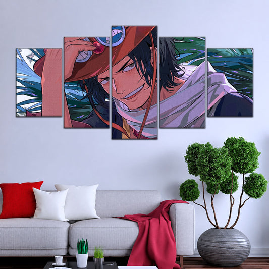 One Piece Canvas Wall Art - Portgas D. Ace Fire Fist 5 Piece Split Panel Anime Poster - Framed Ready to Hang Living Room & Man Cave Decor - OP5075