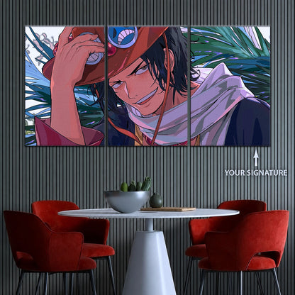 One Piece Canvas Wall Art - Portgas D. Ace Fire Fist 5 Piece Split Panel Anime Poster - Framed Ready to Hang Living Room & Man Cave Decor - OP5075