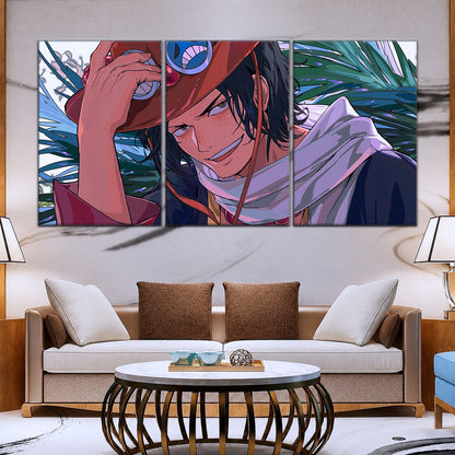 One Piece Canvas Wall Art - Portgas D. Ace Fire Fist 5 Piece Split Panel Anime Poster - Framed Ready to Hang Living Room & Man Cave Decor - OP5075