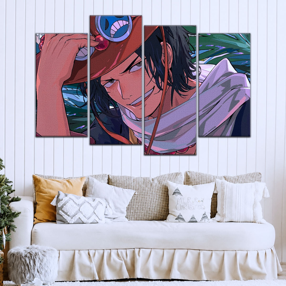 One Piece Canvas Wall Art - Portgas D. Ace Fire Fist 5 Piece Split Panel Anime Poster - Framed Ready to Hang Living Room & Man Cave Decor - OP5075