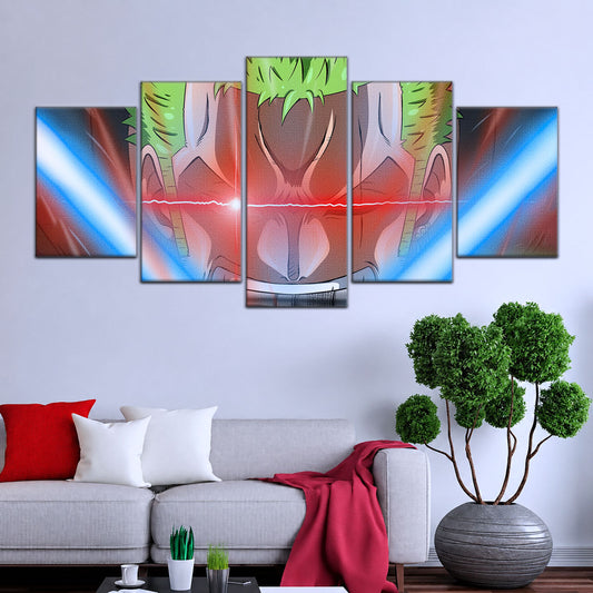One Piece Canvas Wall Art - Roronoa Zoro Three Sword Style 5 Piece Split Panel Anime Poster - Framed Ready to Hang Living Room & Man Cave Decor - OP5077
