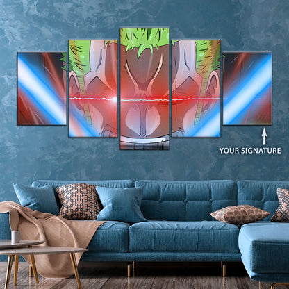 One Piece Canvas Wall Art - Roronoa Zoro Three Sword Style 5 Piece Split Panel Anime Poster - Framed Ready to Hang Living Room & Man Cave Decor - OP5077