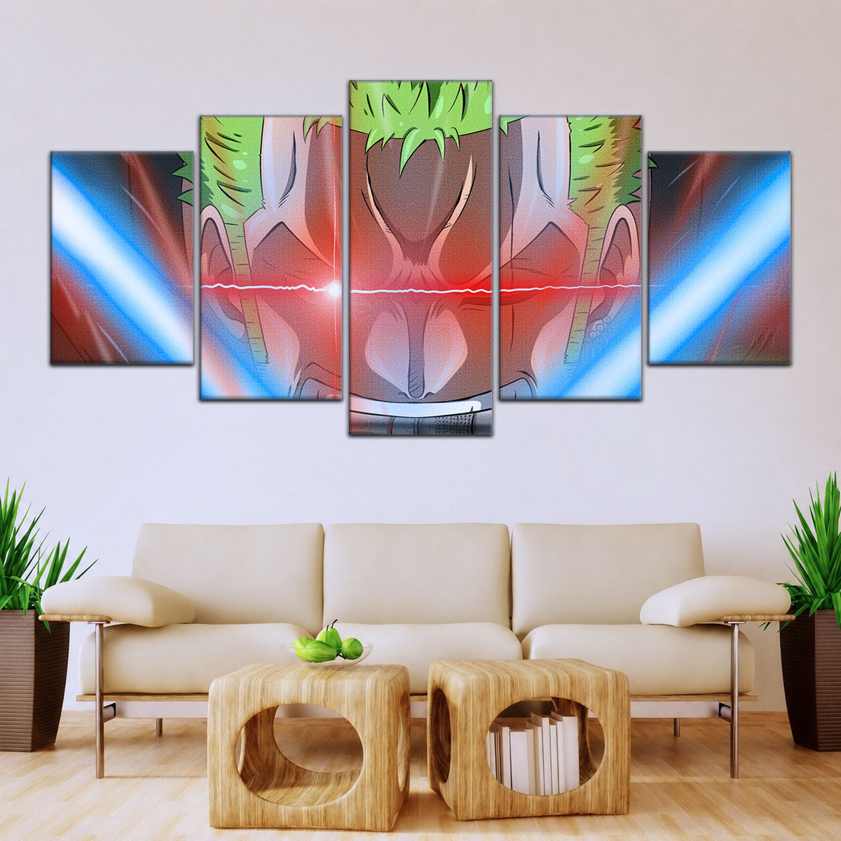 One Piece Canvas Wall Art - Roronoa Zoro Three Sword Style 5 Piece Split Panel Anime Poster - Framed Ready to Hang Living Room & Man Cave Decor - OP5077