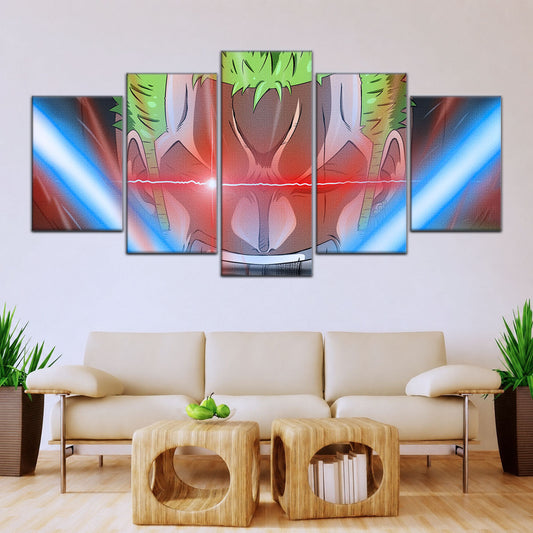 One Piece Canvas Wall Art - Roronoa Zoro Three Sword Style 5 Piece Split Panel Anime Poster - Framed Ready to Hang Living Room & Man Cave Decor - OP5077