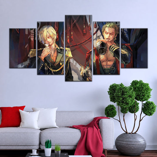 One Piece Canvas Wall Art - Roronoa Zoro Three Sword Style & Sanji 5 Piece Split Panel Anime Poster - Framed Ready to Hang Living Room & Man Cave Decor - OP5078