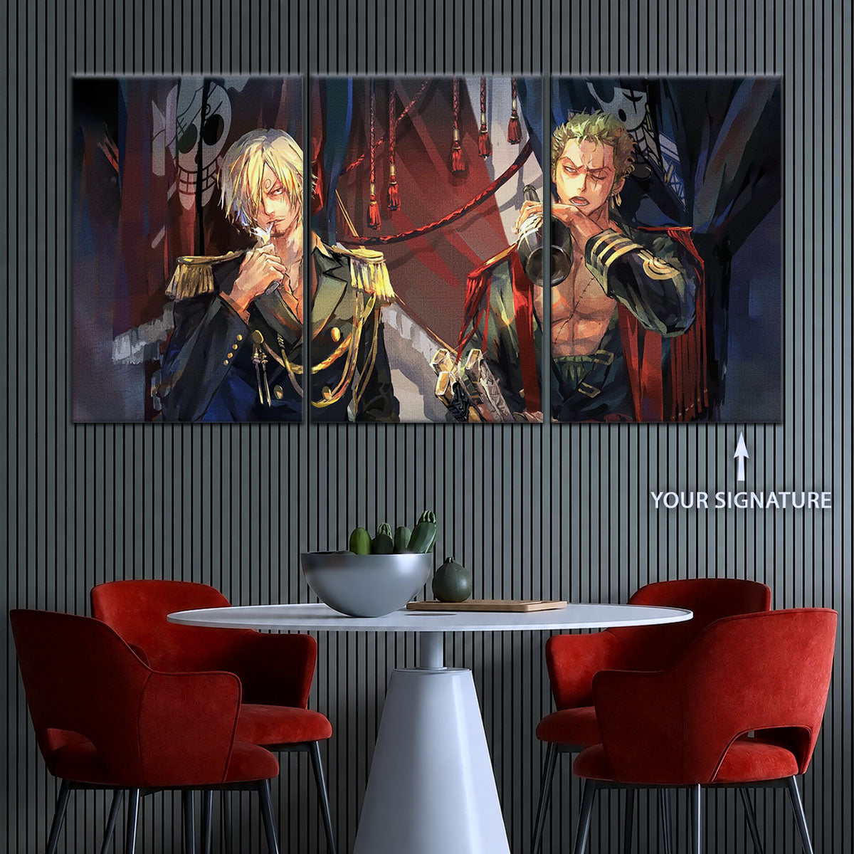 One Piece Canvas Wall Art - Roronoa Zoro Three Sword Style & Sanji 5 Piece Split Panel Anime Poster - Framed Ready to Hang Living Room & Man Cave Decor - OP5078