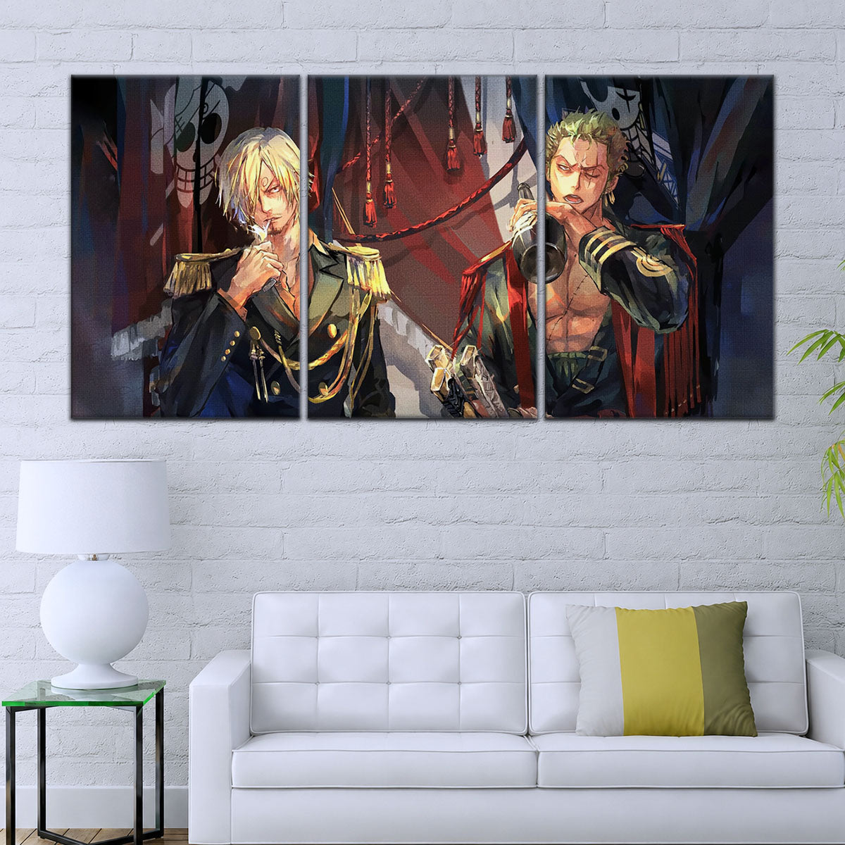 One Piece Canvas Wall Art - Roronoa Zoro Three Sword Style & Sanji 5 Piece Split Panel Anime Poster - Framed Ready to Hang Living Room & Man Cave Decor - OP5078