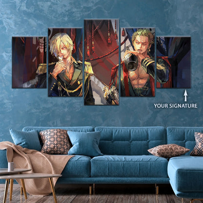 One Piece Canvas Wall Art - Roronoa Zoro Three Sword Style & Sanji 5 Piece Split Panel Anime Poster - Framed Ready to Hang Living Room & Man Cave Decor - OP5078