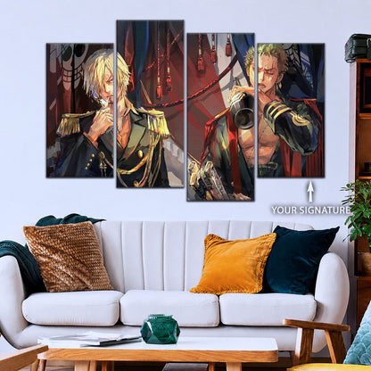 One Piece Canvas Wall Art - Roronoa Zoro Three Sword Style & Sanji 5 Piece Split Panel Anime Poster - Framed Ready to Hang Living Room & Man Cave Decor - OP5078