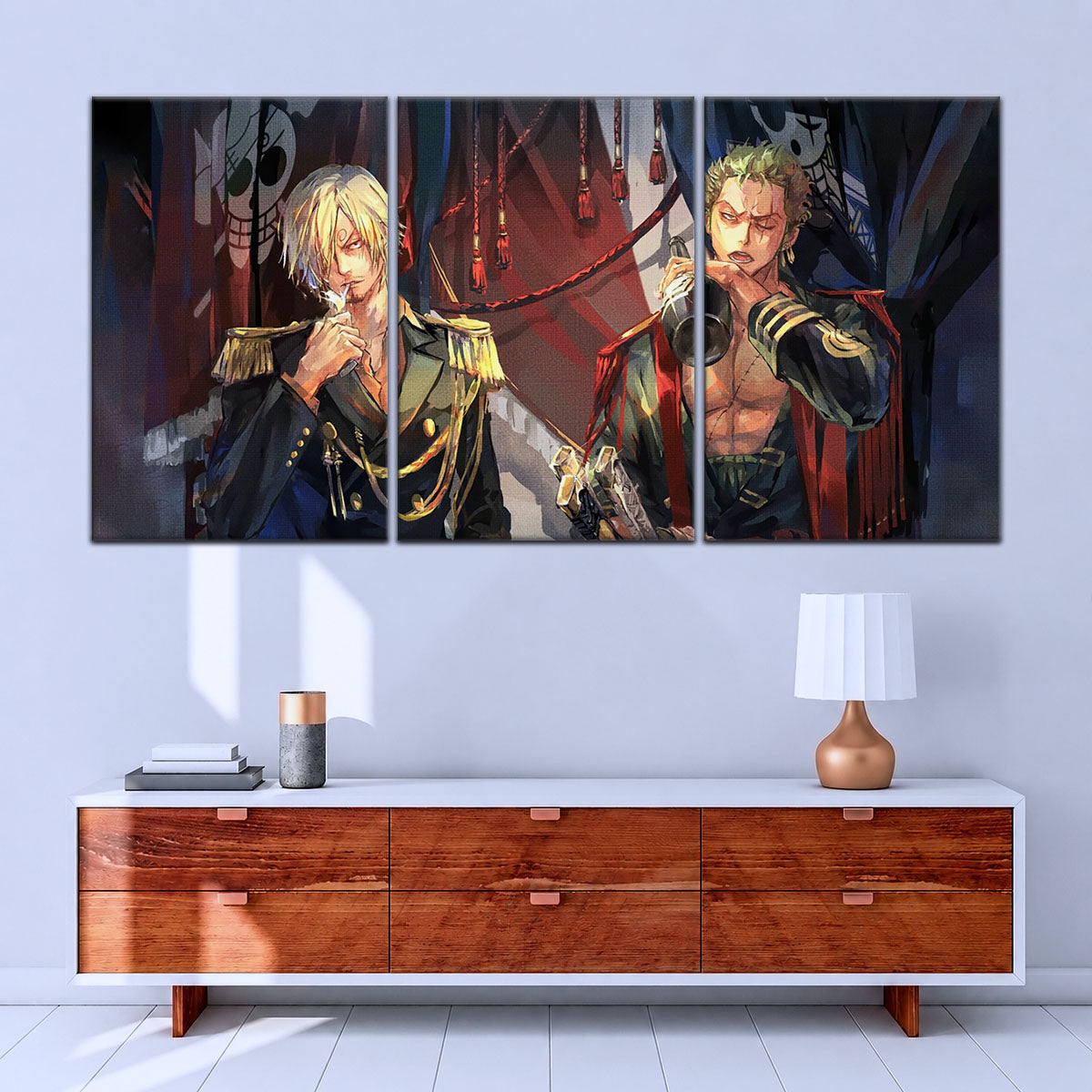 One Piece Canvas Wall Art - Roronoa Zoro Three Sword Style & Sanji 5 Piece Split Panel Anime Poster - Framed Ready to Hang Living Room & Man Cave Decor - OP5078
