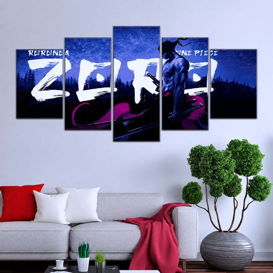 One Piece Canvas Wall Art - Roronoa Zoro Three Sword Style 5 Piece Split Panel Anime Poster - Framed Ready to Hang Living Room & Man Cave Decor - OP5079