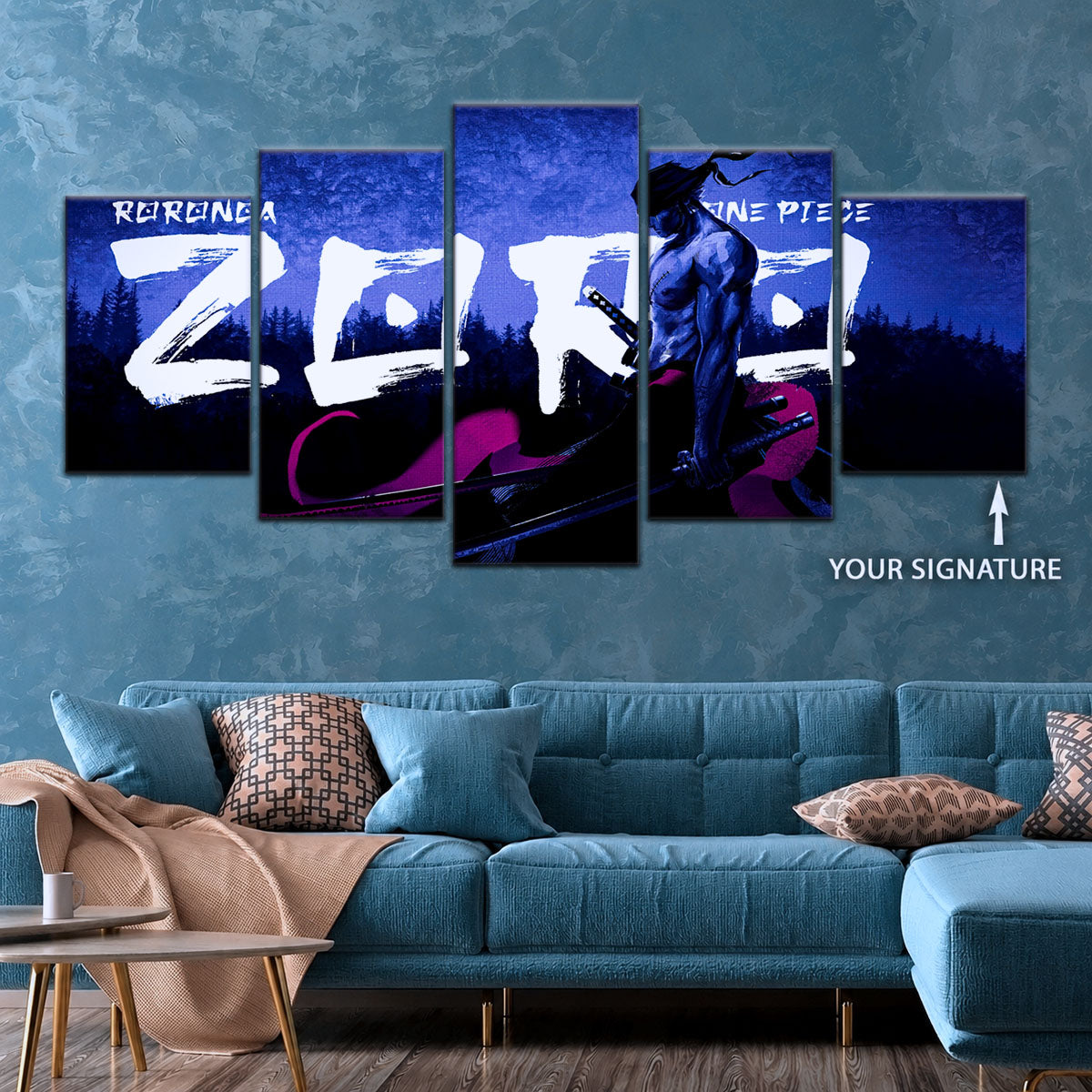 One Piece Canvas Wall Art - Roronoa Zoro Three Sword Style 5 Piece Split Panel Anime Poster - Framed Ready to Hang Living Room & Man Cave Decor - OP5079