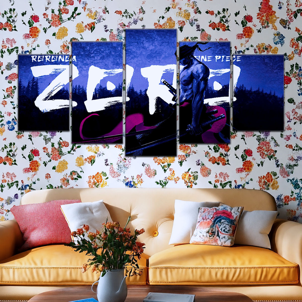 One Piece Canvas Wall Art - Roronoa Zoro Three Sword Style 5 Piece Split Panel Anime Poster - Framed Ready to Hang Living Room & Man Cave Decor - OP5079