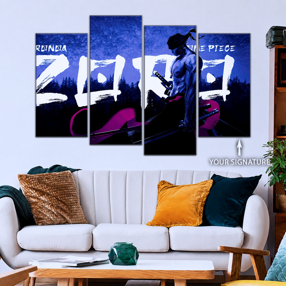 One Piece Canvas Wall Art - Roronoa Zoro Three Sword Style 5 Piece Split Panel Anime Poster - Framed Ready to Hang Living Room & Man Cave Decor - OP5079
