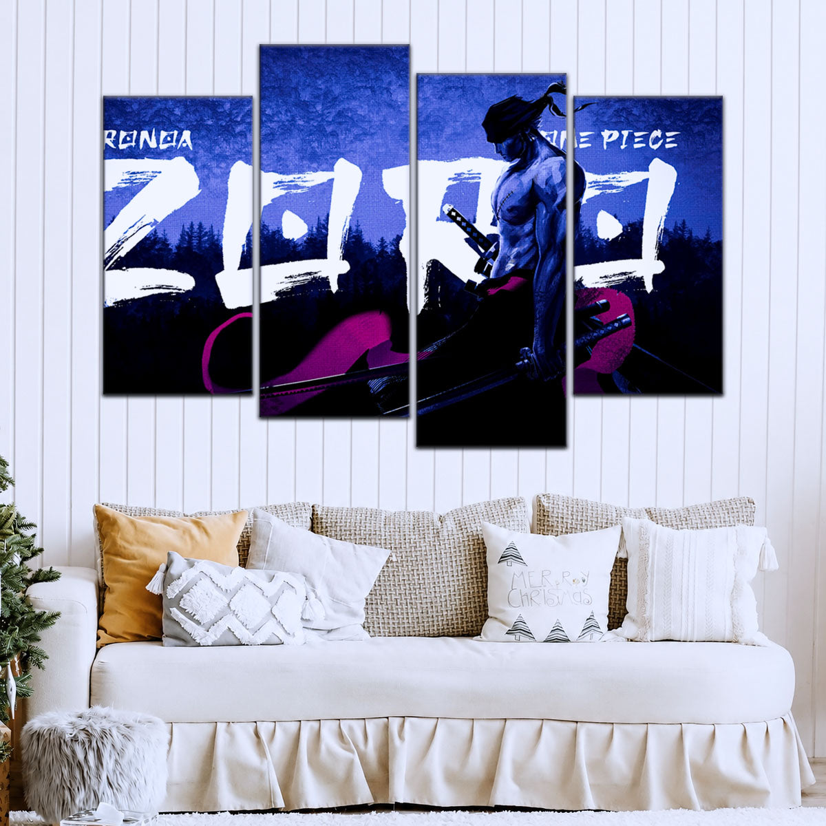 One Piece Canvas Wall Art - Roronoa Zoro Three Sword Style 5 Piece Split Panel Anime Poster - Framed Ready to Hang Living Room & Man Cave Decor - OP5079