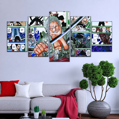 One Piece Canvas Wall Art - Roronoa Zoro Three Sword Style 5 Piece Split Panel Anime Poster - Framed Ready to Hang Living Room & Man Cave Decor - OP5080
