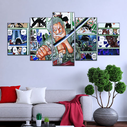 One Piece Canvas Wall Art - Roronoa Zoro Three Sword Style 5 Piece Split Panel Anime Poster - Framed Ready to Hang Living Room & Man Cave Decor - OP5080