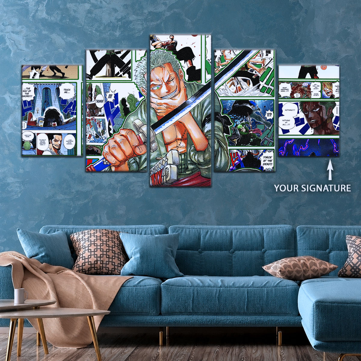 One Piece Canvas Wall Art - Roronoa Zoro Three Sword Style 5 Piece Split Panel Anime Poster - Framed Ready to Hang Living Room & Man Cave Decor - OP5080